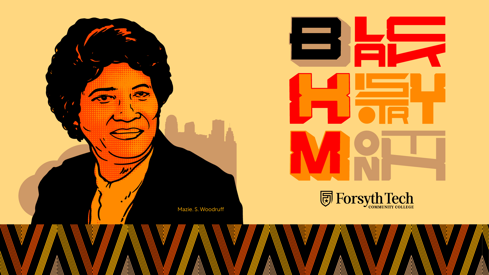 Black history month in red, orange, brown, and black colored text, with an image of a Mazie S. Woodruff beside the text
